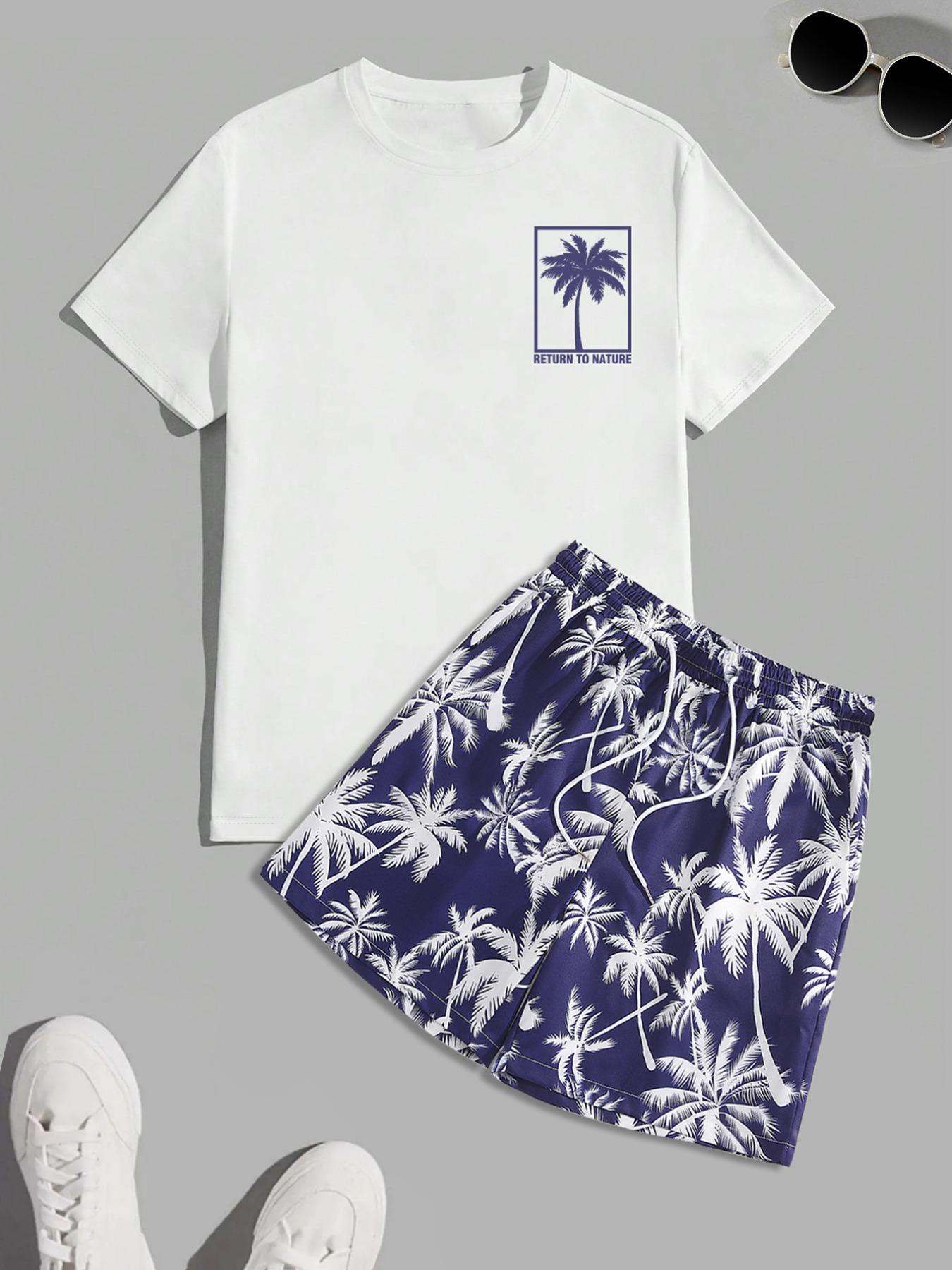 Men's Regular Fit Letter Print Shortsleeve Tee & Tropical Print Shorts Set, Casual Short Sleeve T-shirt & Drawstring Waist Shorts, Summer Clothes Set for Men, Homewear, Casual Lounge Set, Menswear, Pajamas Sleepwear