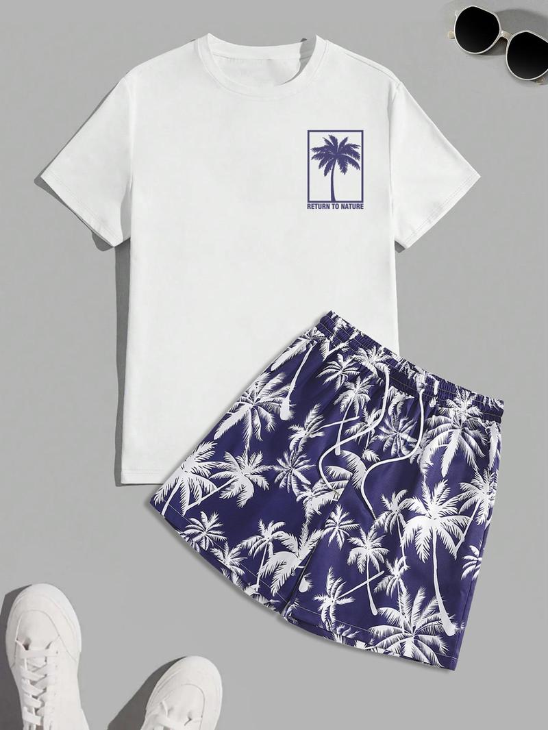 Men's Regular Fit Letter Print Shortsleeve Tee & Tropical Print Shorts Set, Casual Short Sleeve T-shirt & Drawstring Waist Shorts, Summer Clothes Set for Men, Homewear, Casual Lounge Set, Menswear, Pajamas Sleepwear