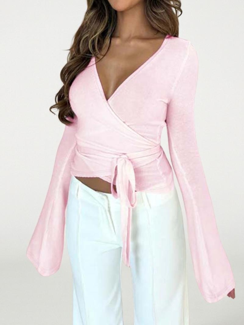 Women's Plain V-Neck Wrap Tee, Elegant Casual Long Sleeve T-shirt for Daily Outdoor Wear, Women's Clothing for Fall & Winter