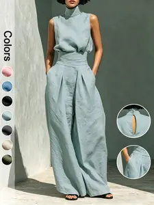 Elegant Two-Piece Set for Women, Simple Style Linen-Like Blend High-Neck Sleeveless Top and Wide Leg Pants, Chic Monochrome