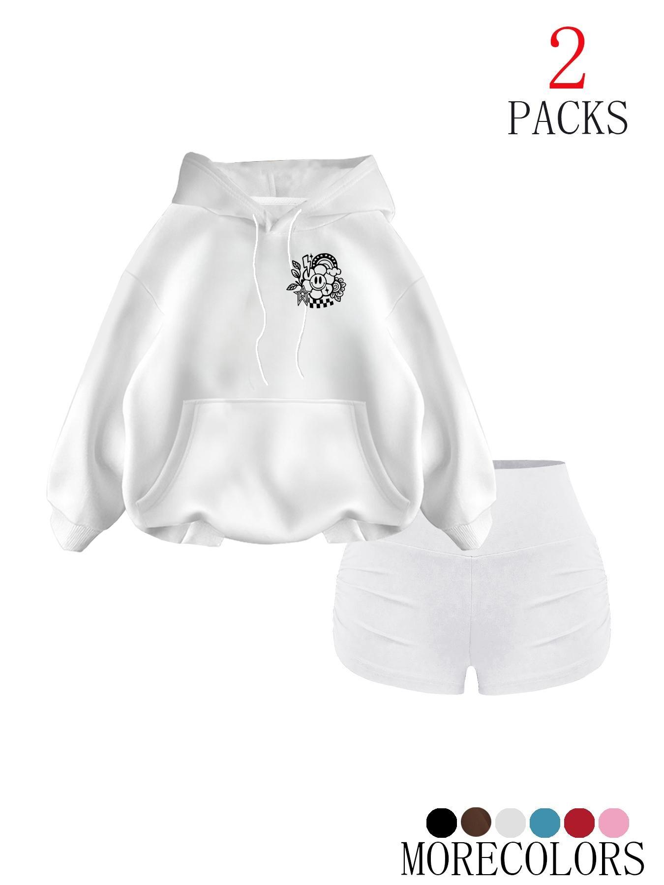 Women Y2K Gothic 2 Piece Outfit Set, Loose, Dripping Smiley Graffiti Print Hoodie And High Waist Biker Shorts, American Streetwear Checkered Lightning Pattern Long Sleeve Hooded Sweatshirt Loungewear Tracksuit For Daily Street Party
