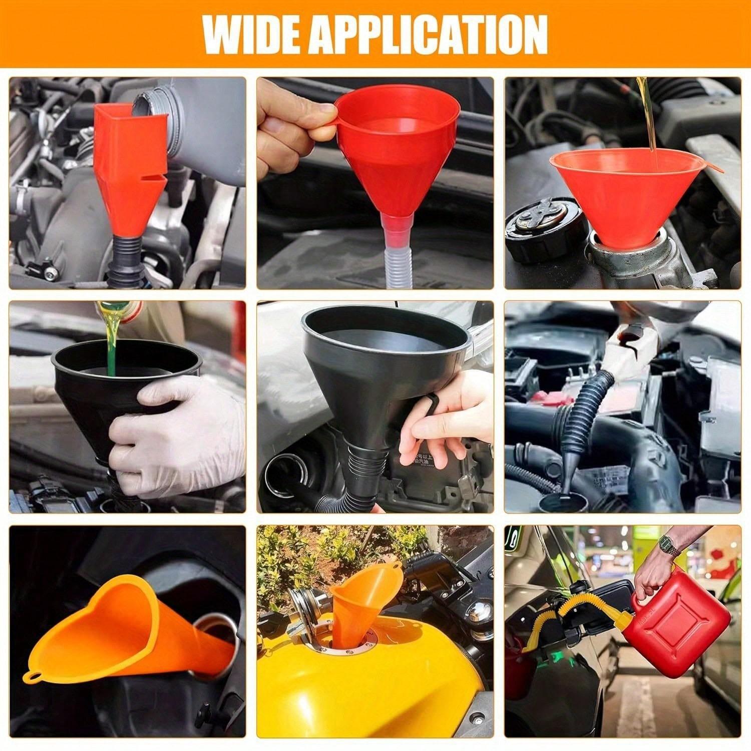 10Pcs Funnels for Automotive Use & 7pcs Gas Can Spout Replacement, Wide Mouth Fuel Funnels, Plastic Long Neck Oil Funnel, Flexible Right Angle Funnels, with Detachable Spout and Filter for Water/Gasoline/Coolant/Engine Oil