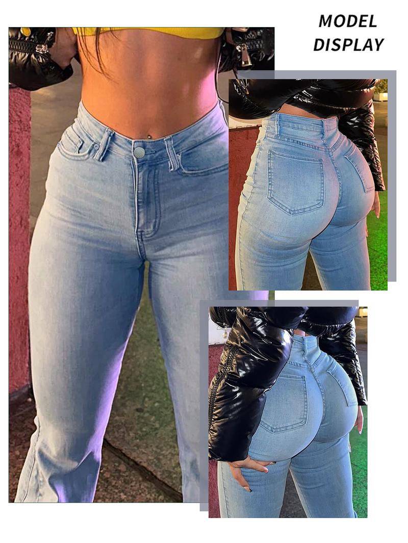 Women's Bell Bottom Flare Jeans Mid Rise Denim Pants Destroyed Raw Hem Denim Pants