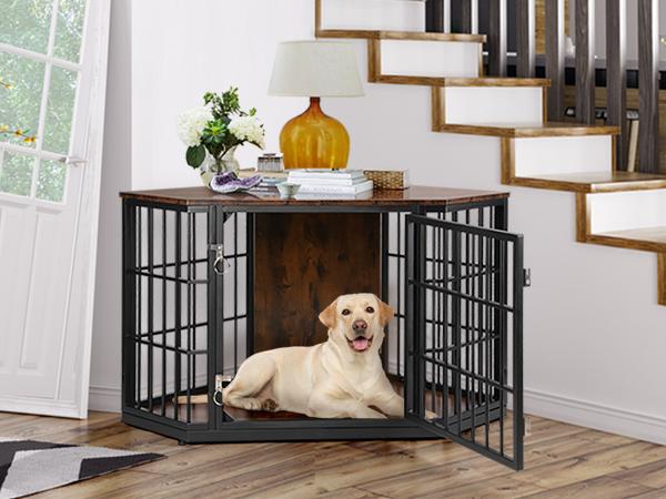 52 Inch Dog Crate Furniture Corner, Wooden Dog Kennel Furniture, End Table Dog Crate for Large Dogs, Indoor Pet Crates Corner Side Table for Dogs, Wide Top Perfect for Limited Room