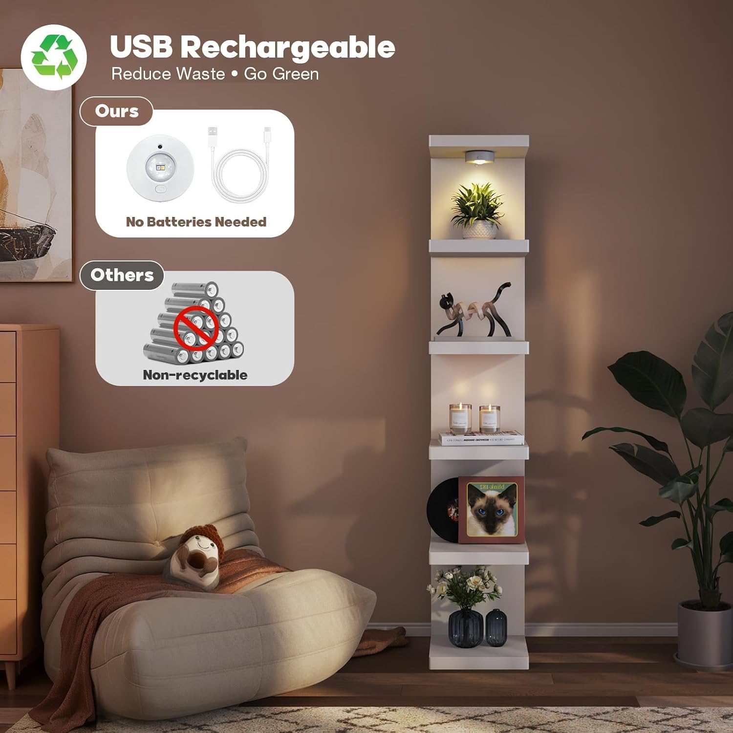 6-Tier Wall Shelf Unit with USB Rechargeable Led Light (Remote Controlled),Versatile Floating Display Shelves,Lack Style Wall Shelves for Bedroom,Living Room,Office Decor,-White