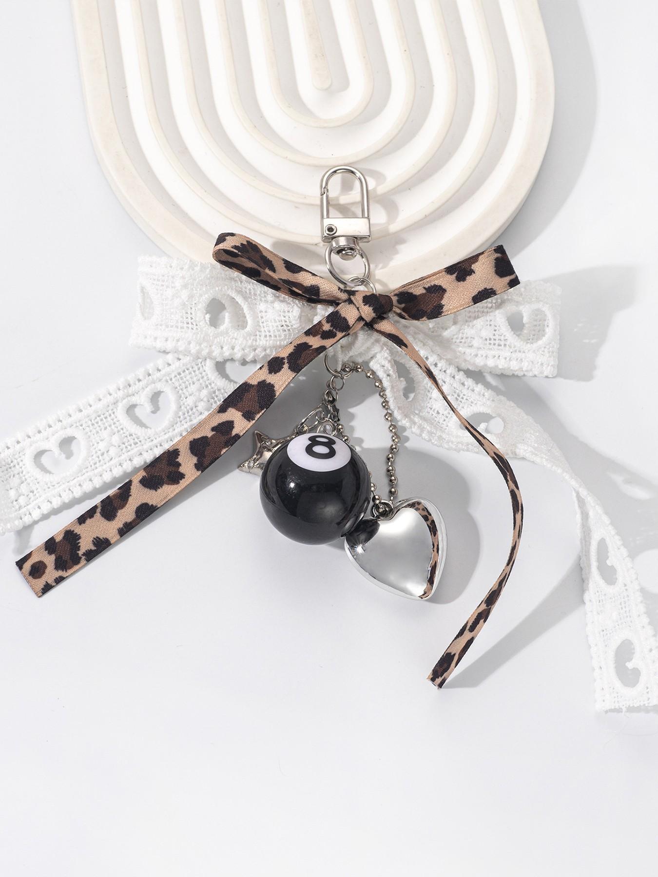 Cool and stylish practical texture leopard print size 8 ball pendant, leopard print bow+lace ribbon, black 8 billiards+heart pendant, exquisite and sweet style, versatile bag/key, can be given to friends