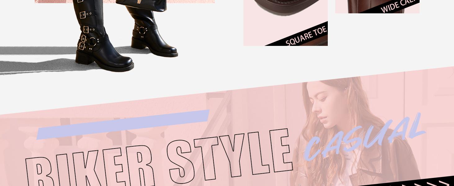 Athlefit Women's Knee High Riding Boots Fashion Buckle Square Toe Chunky Heel Wide Calf Biker Boots Gril Comfort Footware Fashion Shoes buckle  boots knee  high Leather Footwear Comfortable Girl Walking Shoes Bota Brown SpringStatements