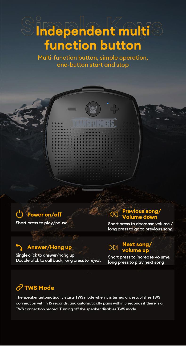 Transformers TF-Y16 Powerful bass，lPX5 waterproof，Portable lanyard