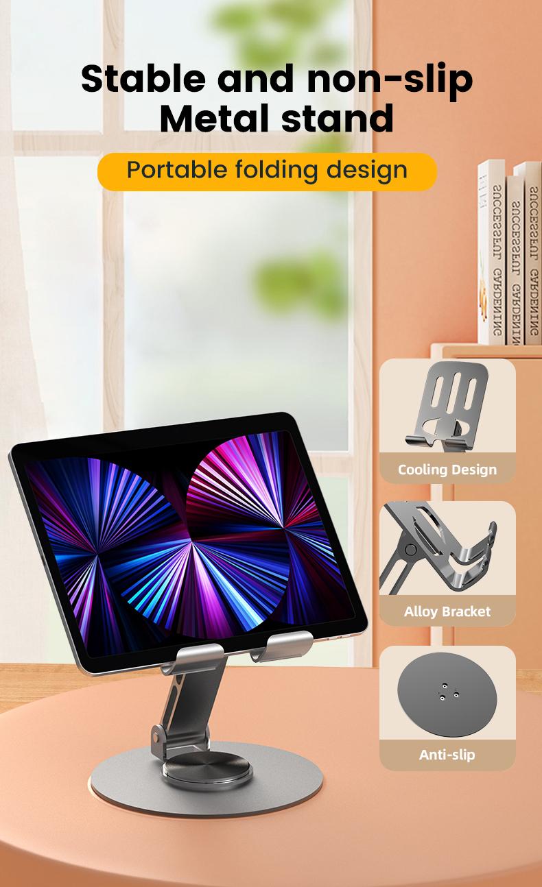 Tablet Stand Phone Holder for Desk/Office, 360 Rotating/Adjustable, Compatible with iPad Pro Air Mini, iPhone, Samsung, E-Reader, Kindle, and All Tablets