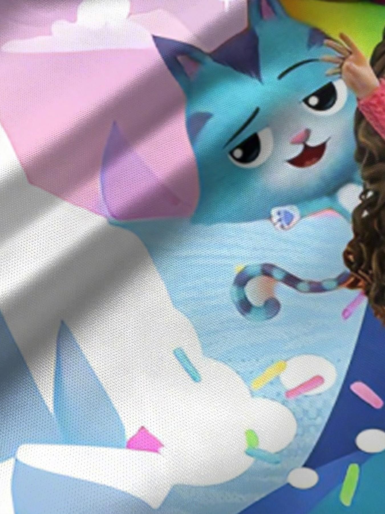 Girls' Gabby Doll House Ice Rainbow A-Line Dress, Cute Cartoon Short Sleeve Dress, Fashion Outdoor Wear, Birthday Gift, Holiday Gift