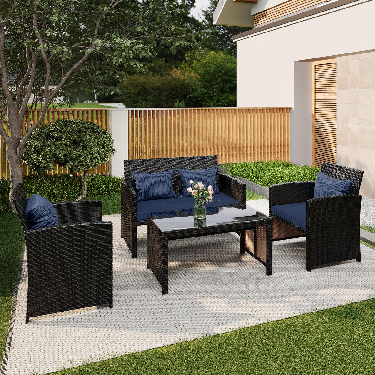 4-Piece Wicker Patio Sofa Set with Cushions & Glass Coffee Table, Compact Outdoor Furniture for Backyard & Poolside (Does not include pillow)