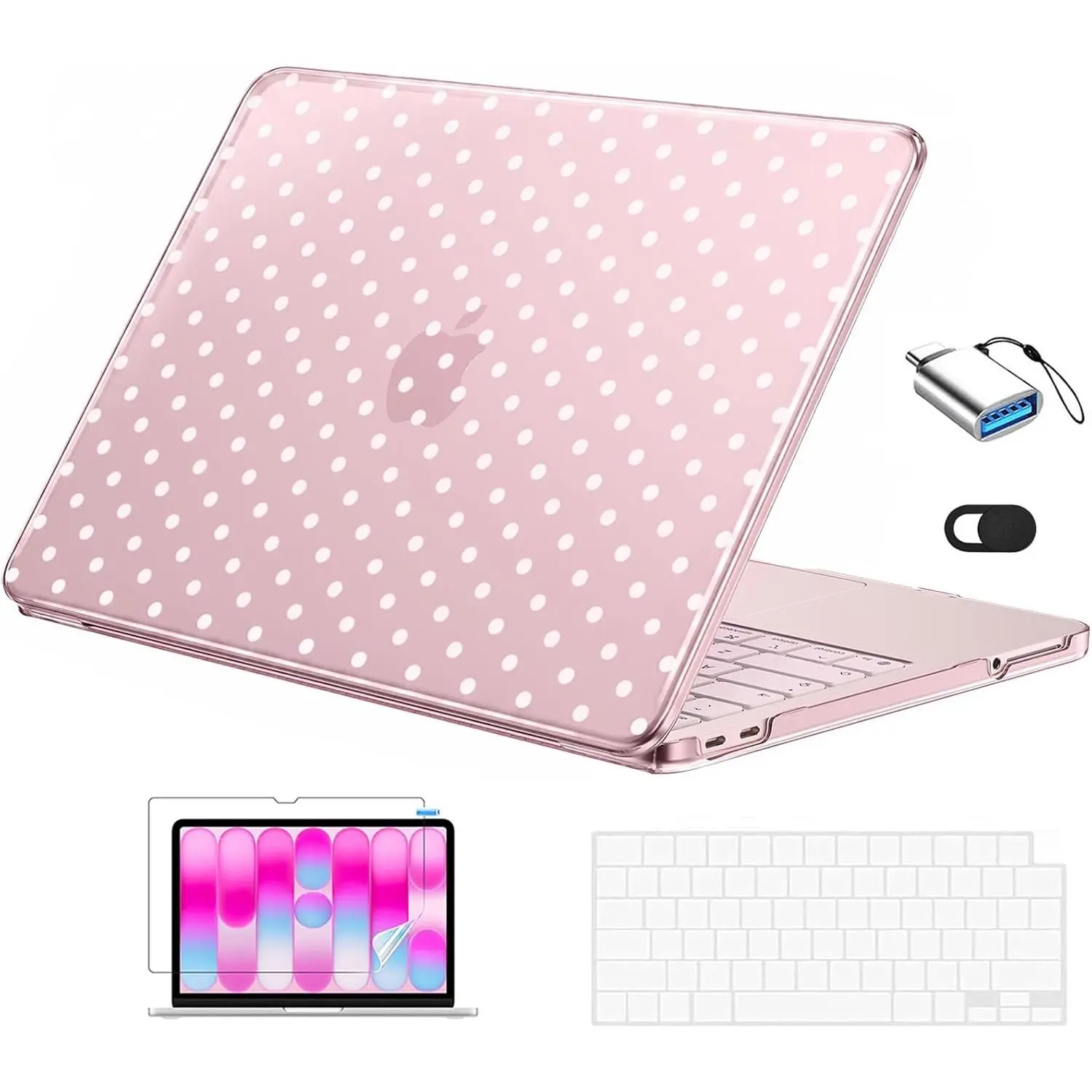 AveLife 13-in Laptop Book Case 2026, White Polka Dot, 5-in-1 Kit, Scratch/Bump/Fingerprint Resistant, Snug Fit, Ideal for School & Work Ultra-Thin Camera Slider Cover frame laptop case Detachable Backlit Keyboard iPad