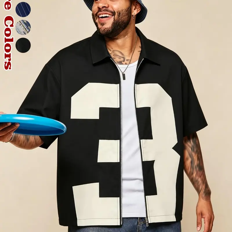 Men's Colorblock Zipper Short Sleeve Shirt, Casual Summer Clothing, Vintage Basketball Style Loose Fit Collared Streetwear, Anniversary/birthday Gift for Boyfriend/husband