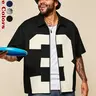 Men's Colorblock Zipper Short Sleeve Shirt, Casual Summer Clothing, Vintage Basketball Style Loose Fit Collared Streetwear, Anniversary/birthday Gift for Boyfriend/husband