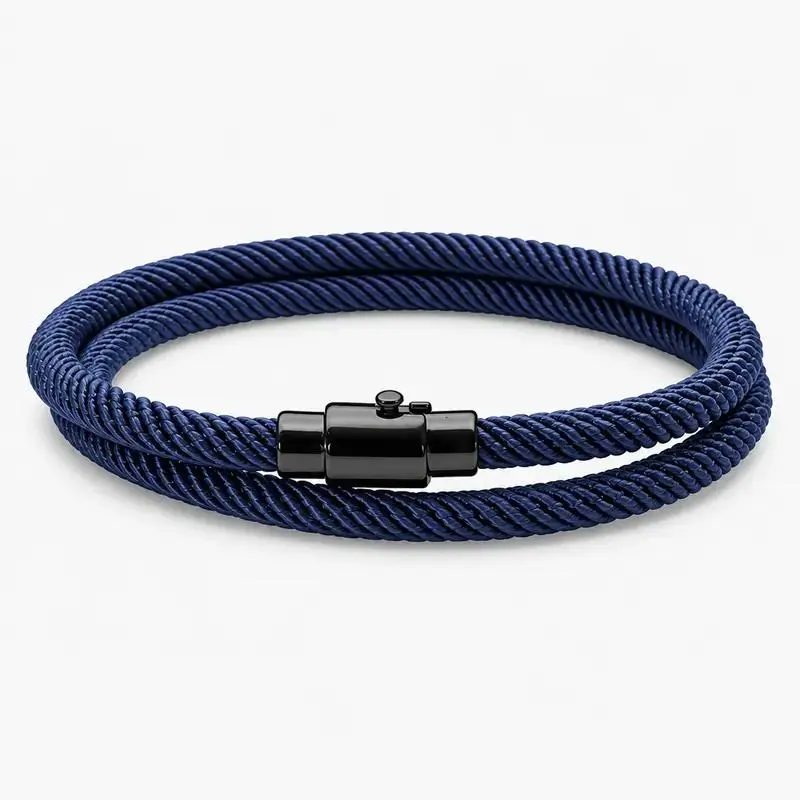 Men's Minimalist Double-Wrap Nylon Cord Bracelet Jewelry - Navy Blue Milan Rope Band Bracelets & Bangles, Matte Black Alloy Magnetic Clasp (0.59in), 40cm Unisex Wristband, Fray-Resistant Nautical Surf Accessory for Anniversary Daily Wear
