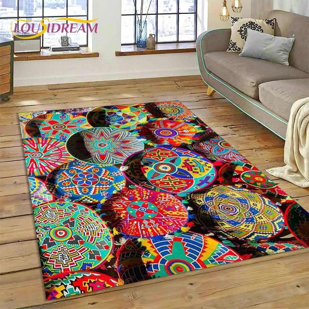 Colorful Crochet Mandala Flannel Area Rug - Boho Ethnic Woven Pattern Print Soft Mat for Living Room, Non-Slip Bohemian Home Decor #BohoMandalaRug #ColorfulCrochetMat #EthnicHomeDecor #2DWovenCarpet #NonSlipFlannelRug