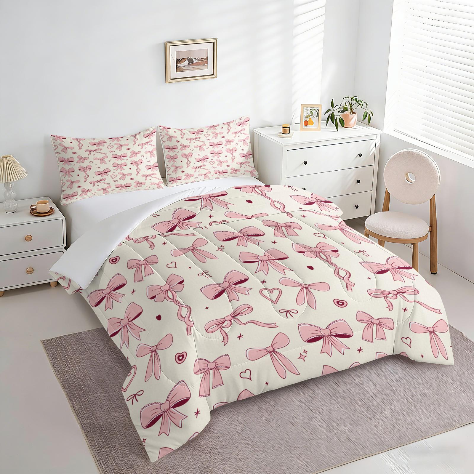 2/3Pcs Black Bow Print Comforter Set, Soft Microfiber Bedding Set with Pillowcases, Coquette Aesthetic Quilt, All Season Lightweight Digital Printed Bed Set for Girls Teens Bedroom Decor
