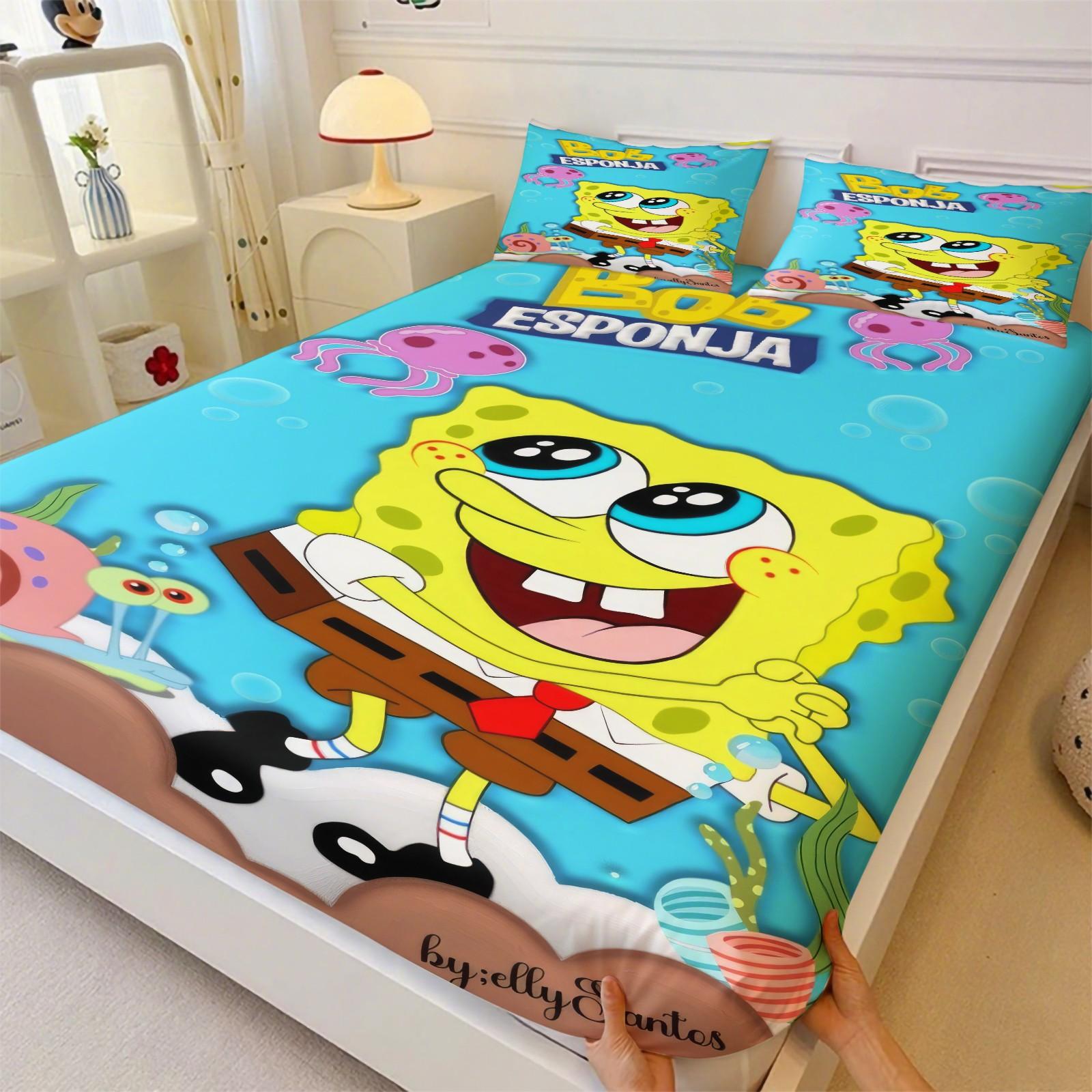 3 Piece Spongebob Pattern Fitted Sheet Set, Soft And Durable Bedding Set Includes 1 Piece Flat Sheet And 2 Pieces Pillowcases, Daily Holiday Birthday Gift Bedroom Decorations For Kids And Adults