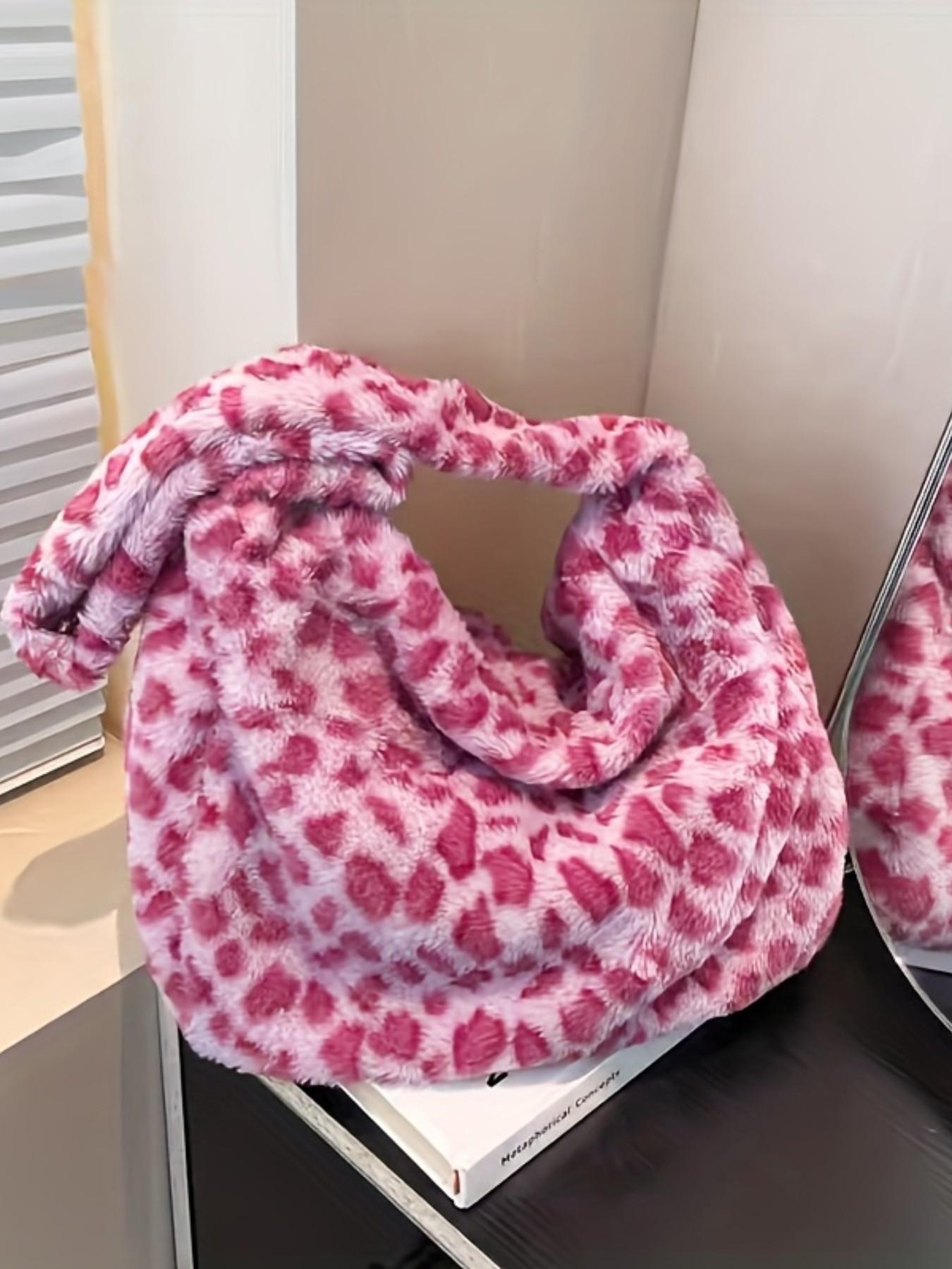 Women's Plush Colorblock Handbag, Trendy Shoulder Crossbody Bag, Leopard Print, Street Fashion Medium Soft Zipper Purse