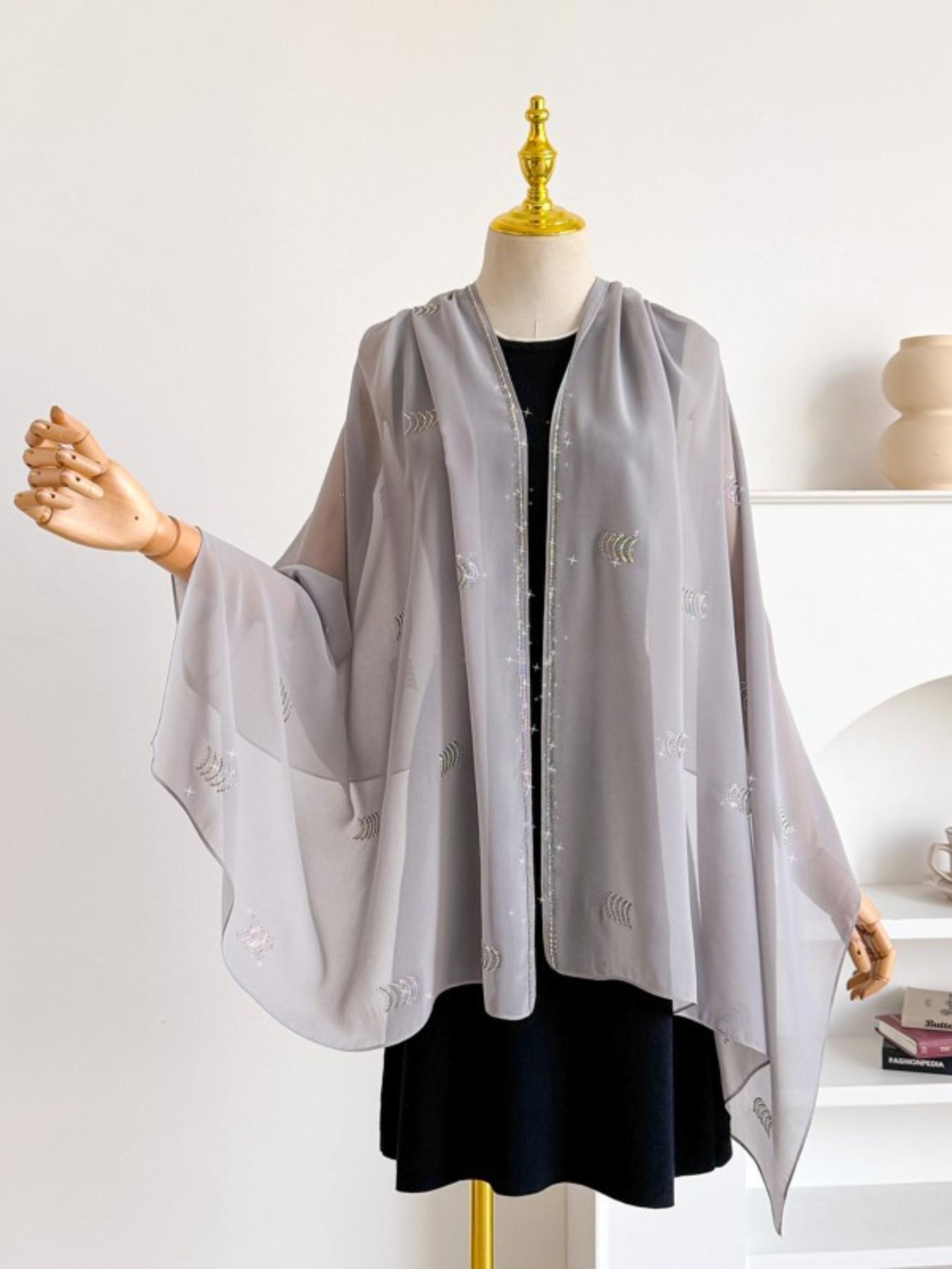 Single Piece Multi-Functional Plain Color New Arcuate Rhinestone Chiffon Long Scarf, Pearl Embellished Sun Protection Shawl, Ethnic Headscarf