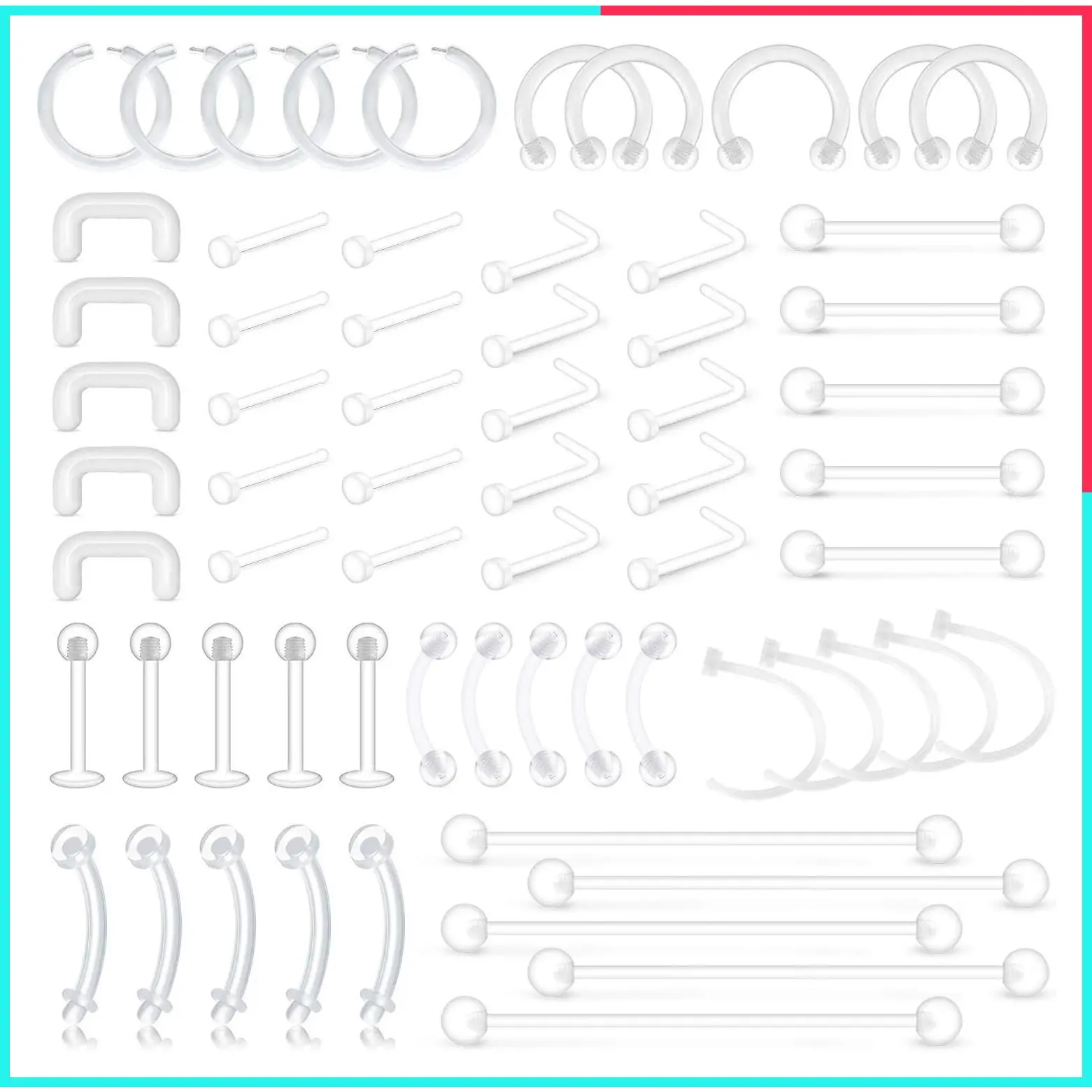 65pcs Mix Style Clear Flexible Bioflex Piercing Retainers for Lip, Ear, Nose, Septum, Eyebrow, Nipple, Tongue, Cartilage, Tragus - Horseshoe, Hoop, Industrial Barbell