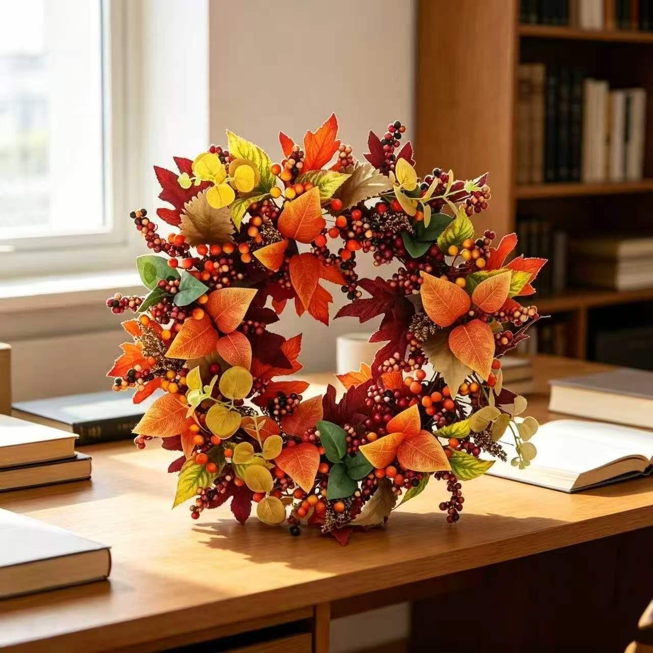 Vibrant Autumn Artificial Wreath, Maple Leaves with Mixed Berries, Rustic Thanksgiving and Fall Porch Decor