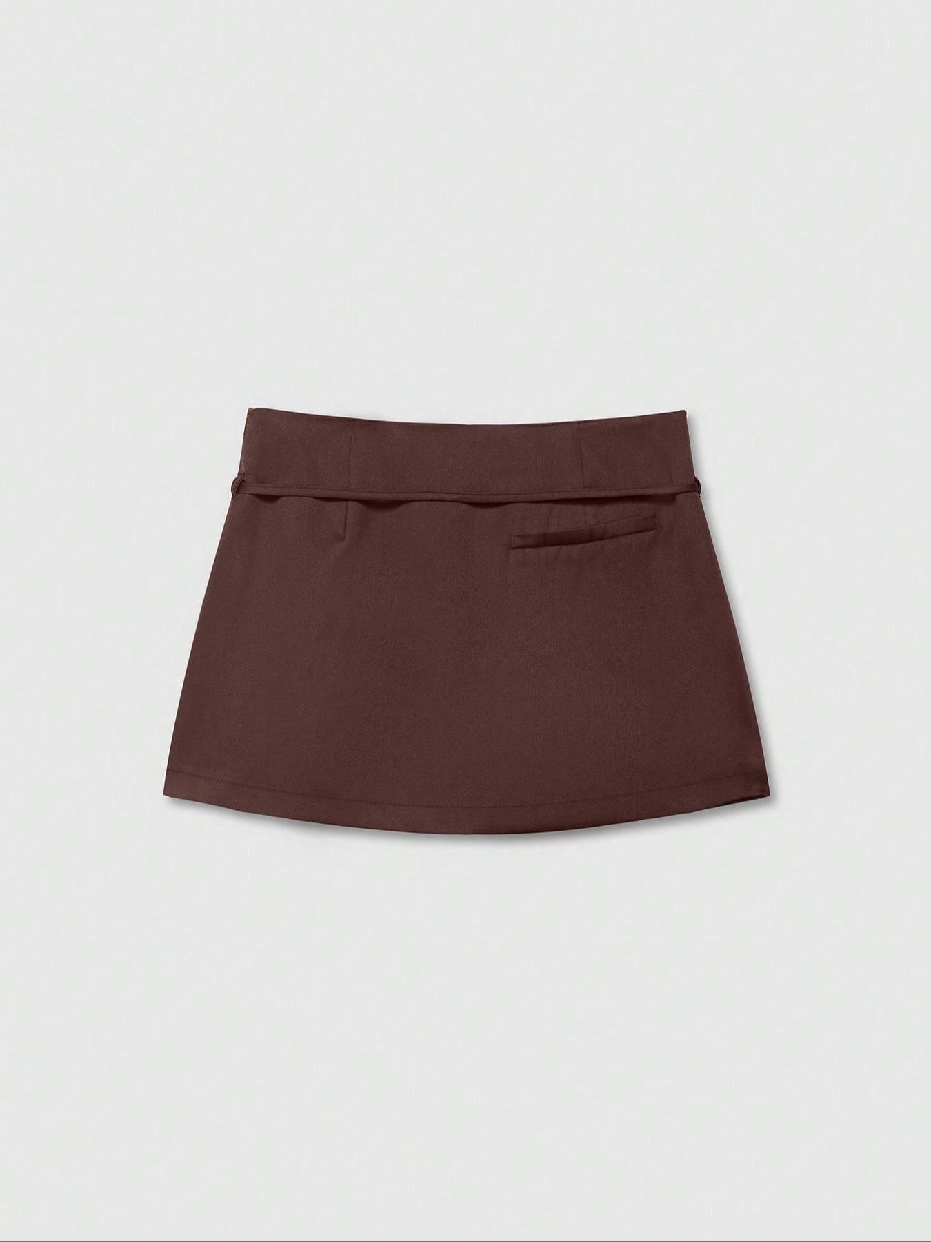 Women's Solid Color Zipper Belted Skirt Pants, Safety Lined Slim Fit Half Skirt, Perfect for Holidays, Home, Daily Wear, Dates, Travel