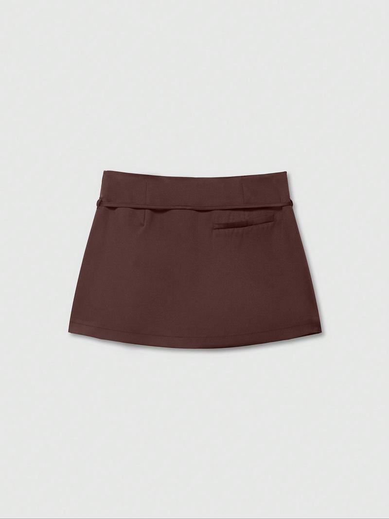 Women's Solid Color Zipper Belted Skirt Pants, Safety Lined Slim Fit Half Skirt, Perfect for Holidays, Home, Daily Wear, Dates, Travel