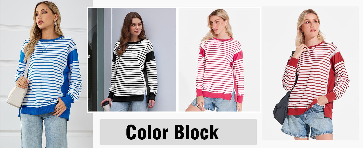 Imily Bela Womens Striped Oversize T-Shirt Casual Half Sleeve Color Block Tunic Summer Crew Neck Tee Tops