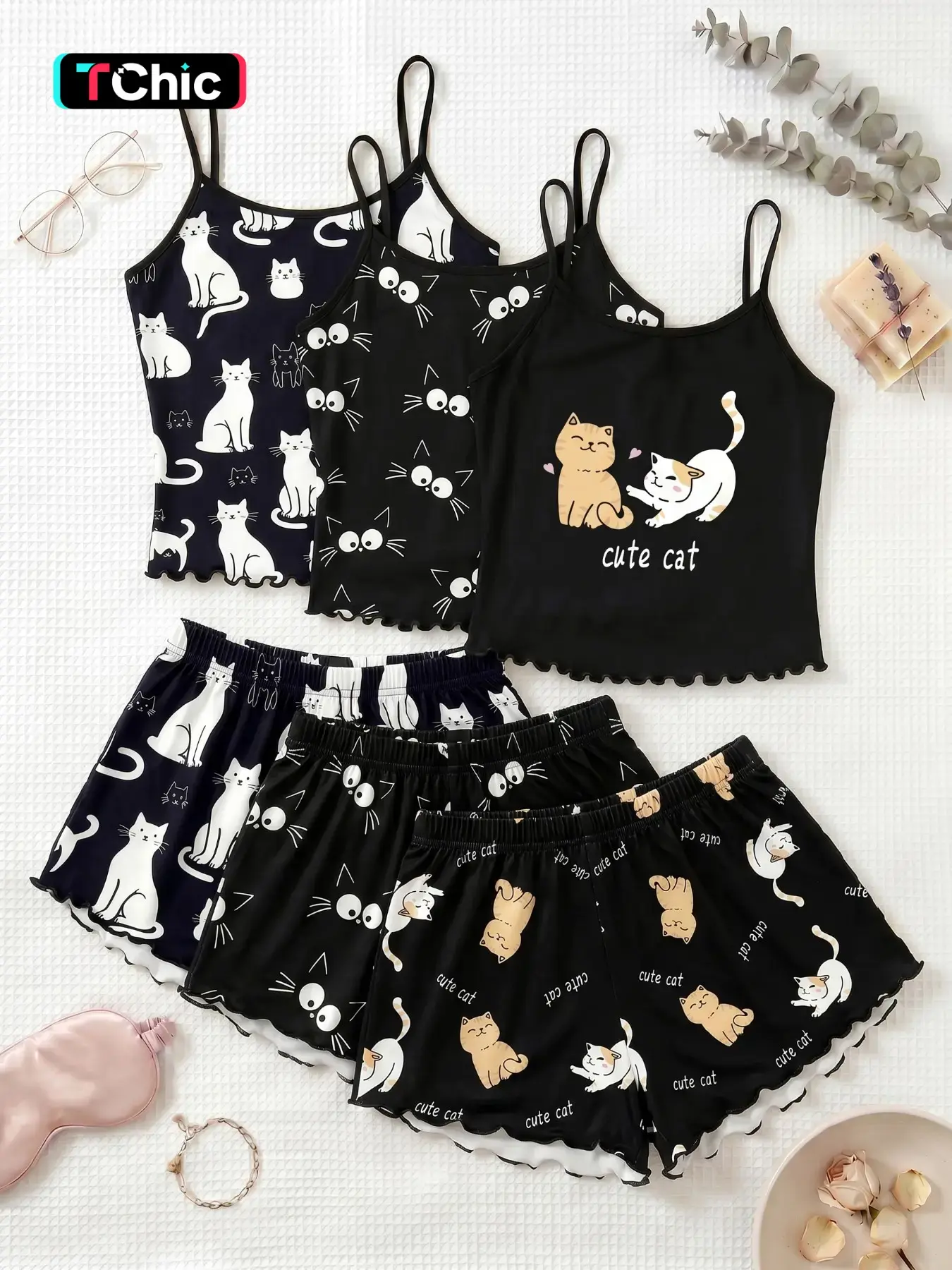 3-Piece Set, Matching Pj Set, Cat Print Sleeveless Pajamas, Sweet Cool Girl Style, Breathable Home Sleepwear, Loungewear, Slim-Fitting, All Seasons