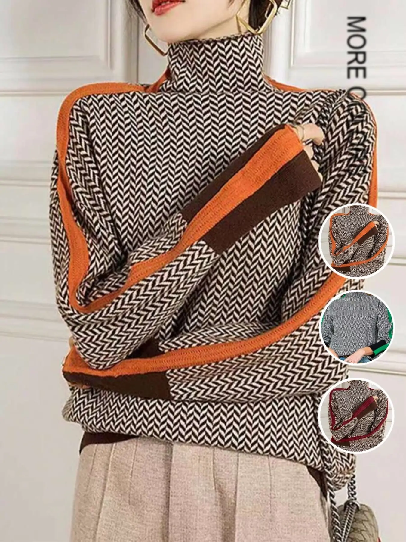 【Black Friday】Women's Colorblock Knit Sweater, Fall and Winter New Arrival, Vintage Turtleneck Long-Sleeve Warm Pullover, Casual Comfortable Knitwear