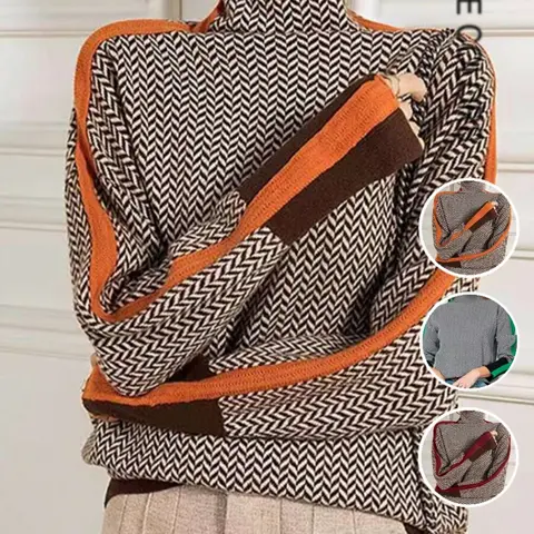Women's Colorblock Knit Sweater, Fall Winter New Arrival, Vintage Half High Neck, Casual Comfortable Fashion, Long Sleeve Warm Pullover, Knitwear