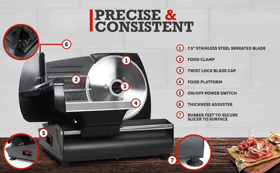 Ultimate Precision Electric Deli Food Meat Slicer Removable Stainless Steel Blade, Adjustable Thickness, Ideal for Cold Cuts, Hard Cheese, Vegetables & Bread, 7.5", Black