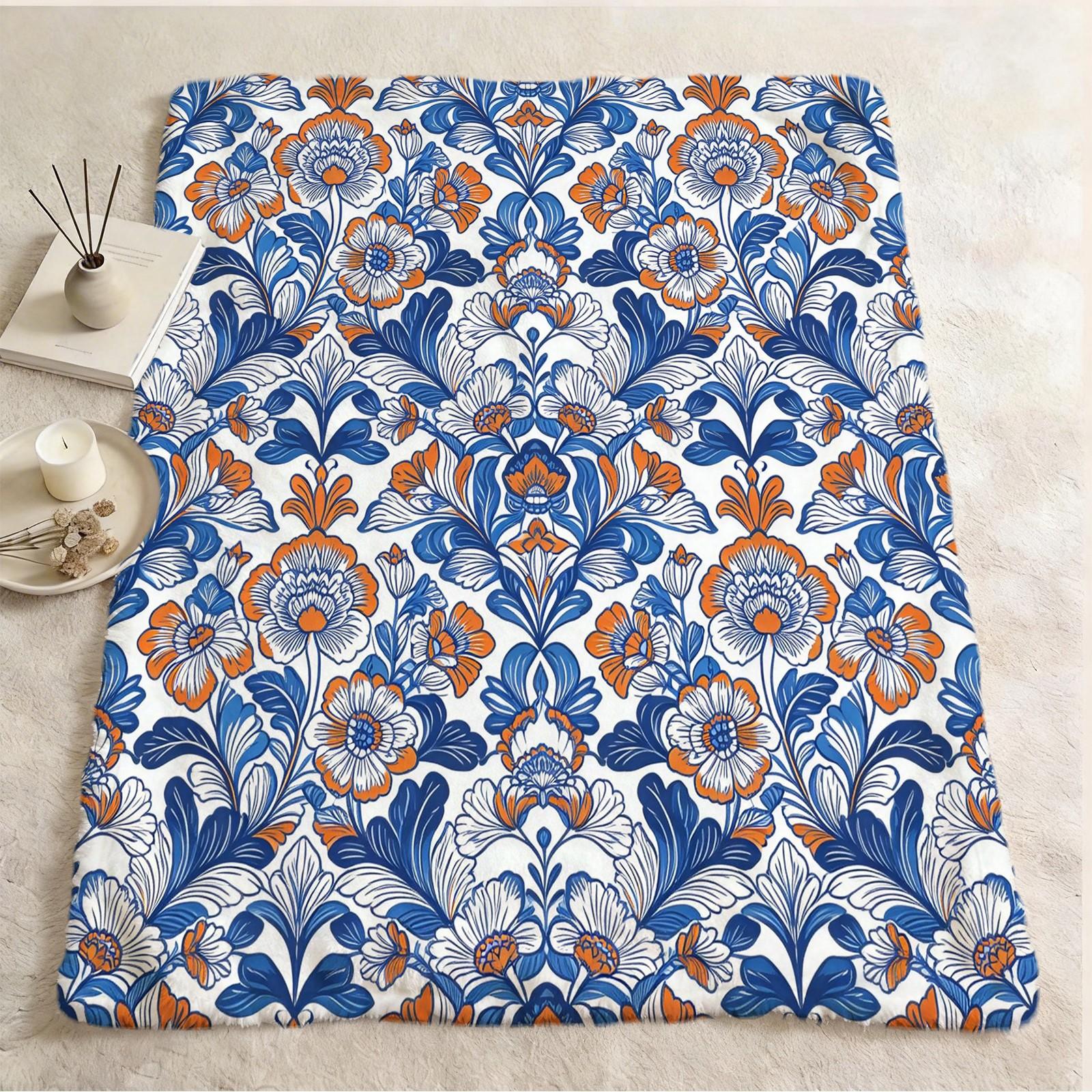 1 Piece Bohemian Blue Orange Floral Throw Blanket, HD Digital Single-Sided Printed Flannel Blanket, Super Soft Cozy Plush Gift Blanket for Sofa, Bed, Travel and Camping Decor
