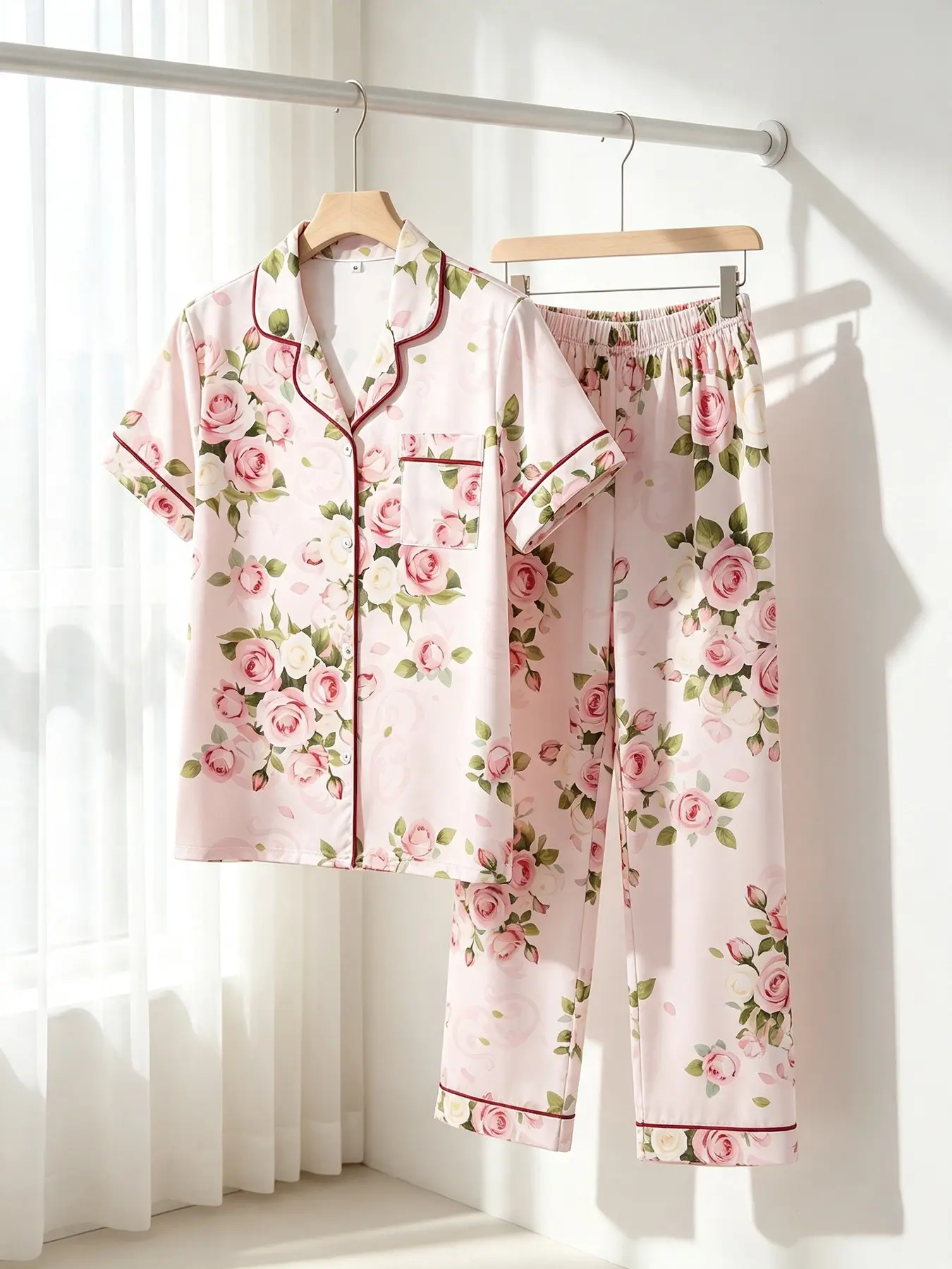 Women Rose Print Pajama Set, Short‑Sleeve Cardigan Top And Long Pants, All‑Season Wear, Aesthetic Floral Loungewear, Cozy Home Outfit For Relaxing At Home, Soft Romantic Sleepwear For Daily Indoor‑wear