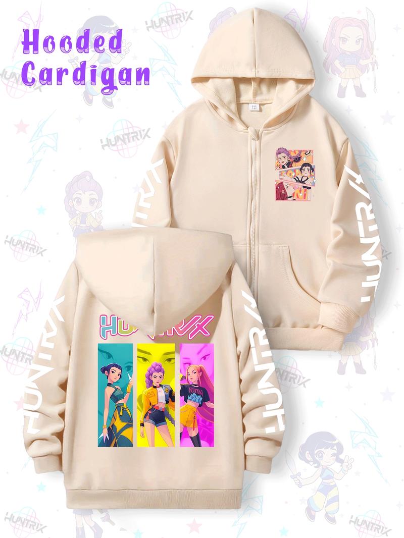 Girls Kpop Demon Hunters Cartoon Print Graphic Print Hoodie, Casual Fitted Jacket for Toddler Girls, Fall & Winter Zipper Sweatshirt