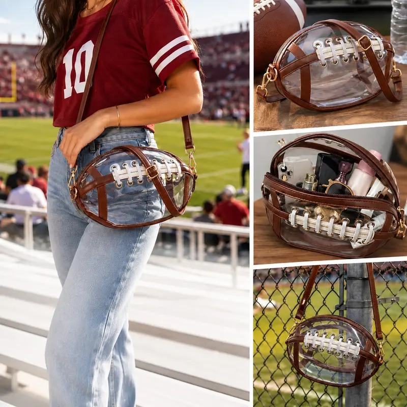 Clear Football Shaped Crossbody Bag, Transparent PVC Stadium Bag with Adjustable Strap, Game Day Crossbody Purse for Sports Events, Concerts, Outdoor Activities & Summer Travel.