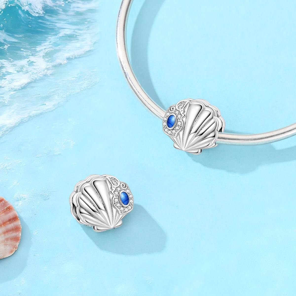 Summer Vacation Seashell Bead Charm, Plated 925 Silver Color, Blue Cz Inlaid, Ocean Themed DIY Jewelry, Beach Holiday Accessory for Women