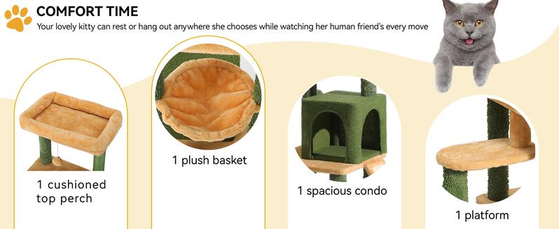 YITAHOME Tall Cactus Cat Tree Tower with Self-Grooming Brush, 37/60/76 in Cute Cat Climbing Tower for Indoor Cats with Cat Condo, Top Perch, Basktet, Sisal Scratching Posts and Board,Toy Balls