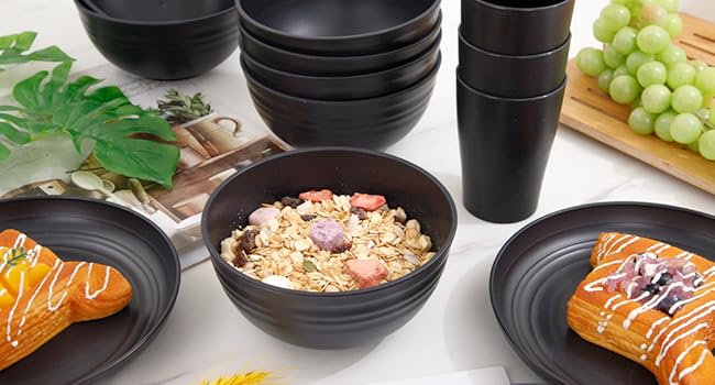 Wheat Straw Dinnerware Sets,Plates and Bowls Set, Dish Sets for 8, Unbreakable Plate for 8 Dishwasher Safe,Reusable Dinnerware Black-16pcs Plates, 8pcs Bowls, 8pcs Cups.