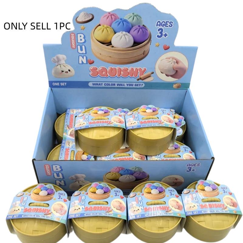 New Colorful Dumpling Squishes Stress Ball Fidget Sensory Toy Simulation Food Squishies Bun with Steamer Squeeze Dough Ball Gift