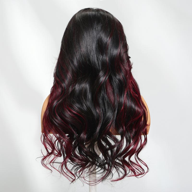 Sunber Loose Wave Burgundy Highlights 7x5 Bye Bye Knots Glueless Wigs with Face Framing Layers Pre Cut Lace Human Hair Wigs Invisible Knots Put on and Go 180% Density Dealsforyoudays