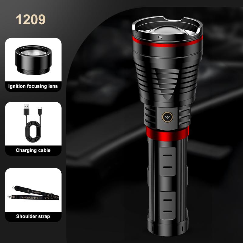 SKYFIRE Model 1209 – 2800 Lumen Rechargeable LED Flashlight, Ultra-Bright, 3 Lighting Modes, Waterproof, with Shoulder Strap – Ideal for Camping, Emergency, Hiking, and Outdoor Use#Summervibes summergarden