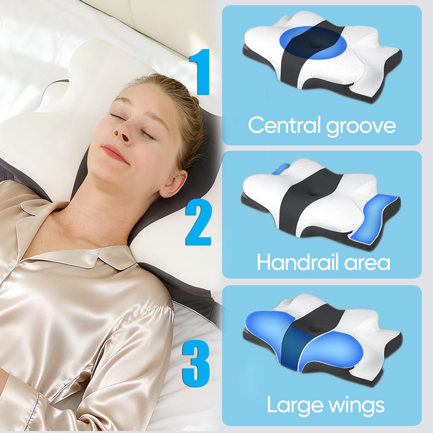 Double-sided neck pillow, dual-height memory foam pillow, cool breathable pillowcase, enlarged armrest area, center groove design, zoned contour pillow, Soft for Side Sleep Stomach Sleeping and Back Sleepers