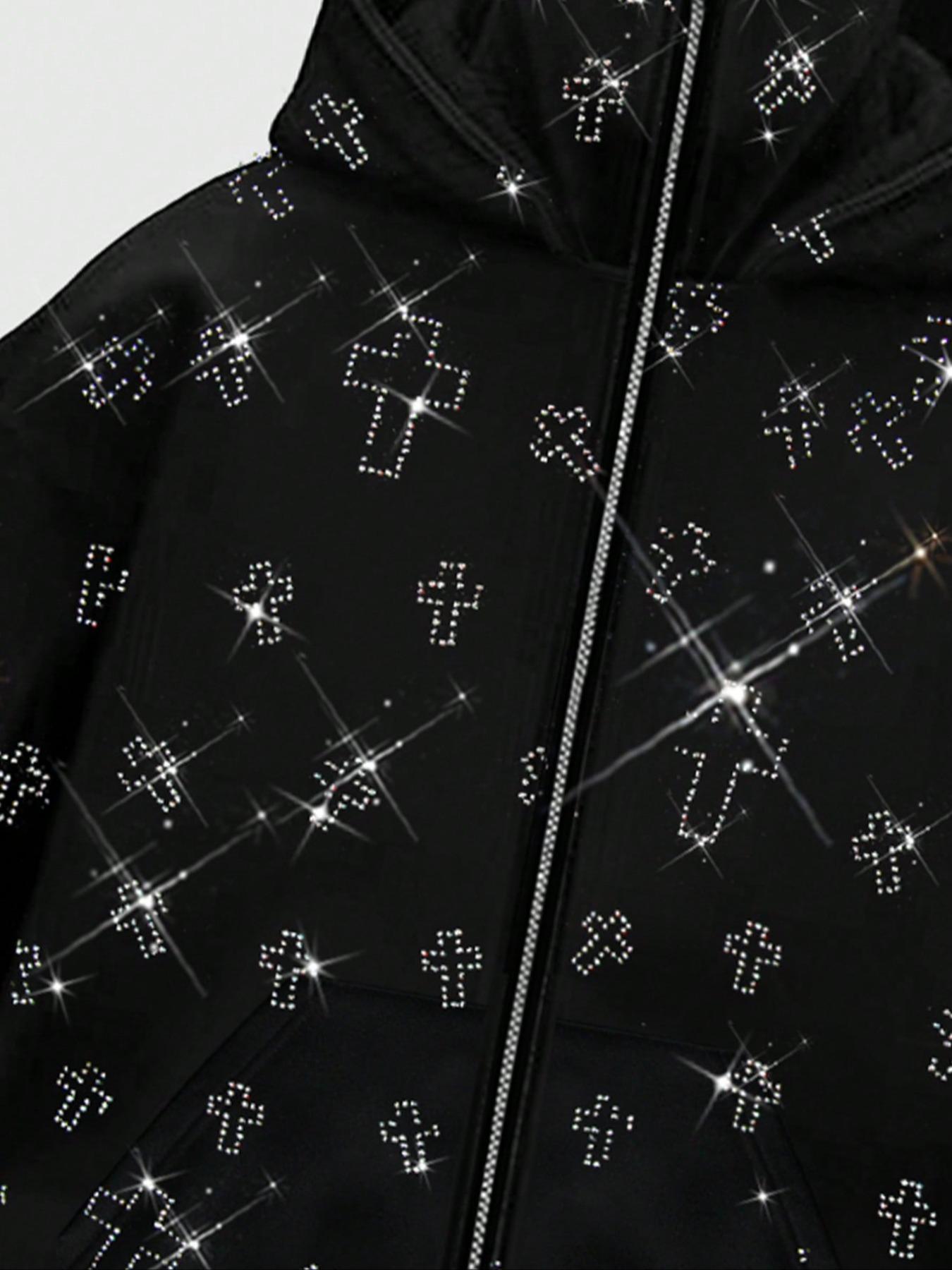 Men's Street Style Rhinestone HooMen's Street Style Rhinestone Hooded Sweatshirt, Pocket and Zip Design, Fall & Winter Wear, Geometric Pattern, Fitted Fitded Sweatshirt, Pocket and Zip Design, Fall & Winter Wear, Geometric Pattern, Fitted Fit