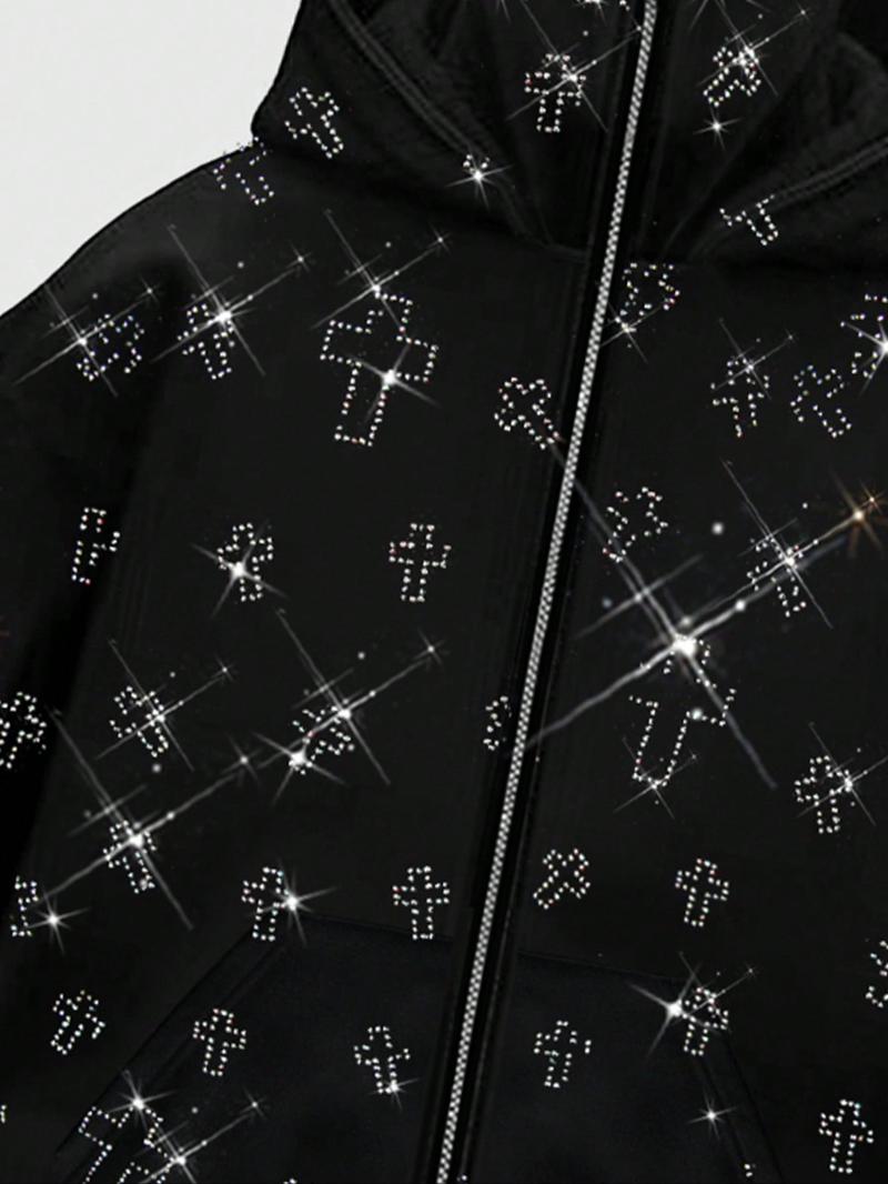 Men's Street Style Rhinestone HooMen's Street Style Rhinestone Hooded Sweatshirt, Pocket and Zip Design, Fall & Winter Wear, Geometric Pattern, Fitted Fitded Sweatshirt, Pocket and Zip Design, Fall & Winter Wear, Geometric Pattern, Fitted Fit