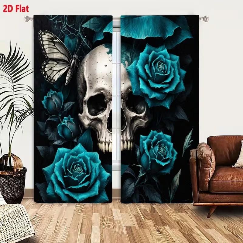 2 pieces of Gothic skull and greenish-blue rose printed curtains, made of polyester with semi-transparent texture, machine washable, suitable for bedrooms, living rooms and home decoration curtains.