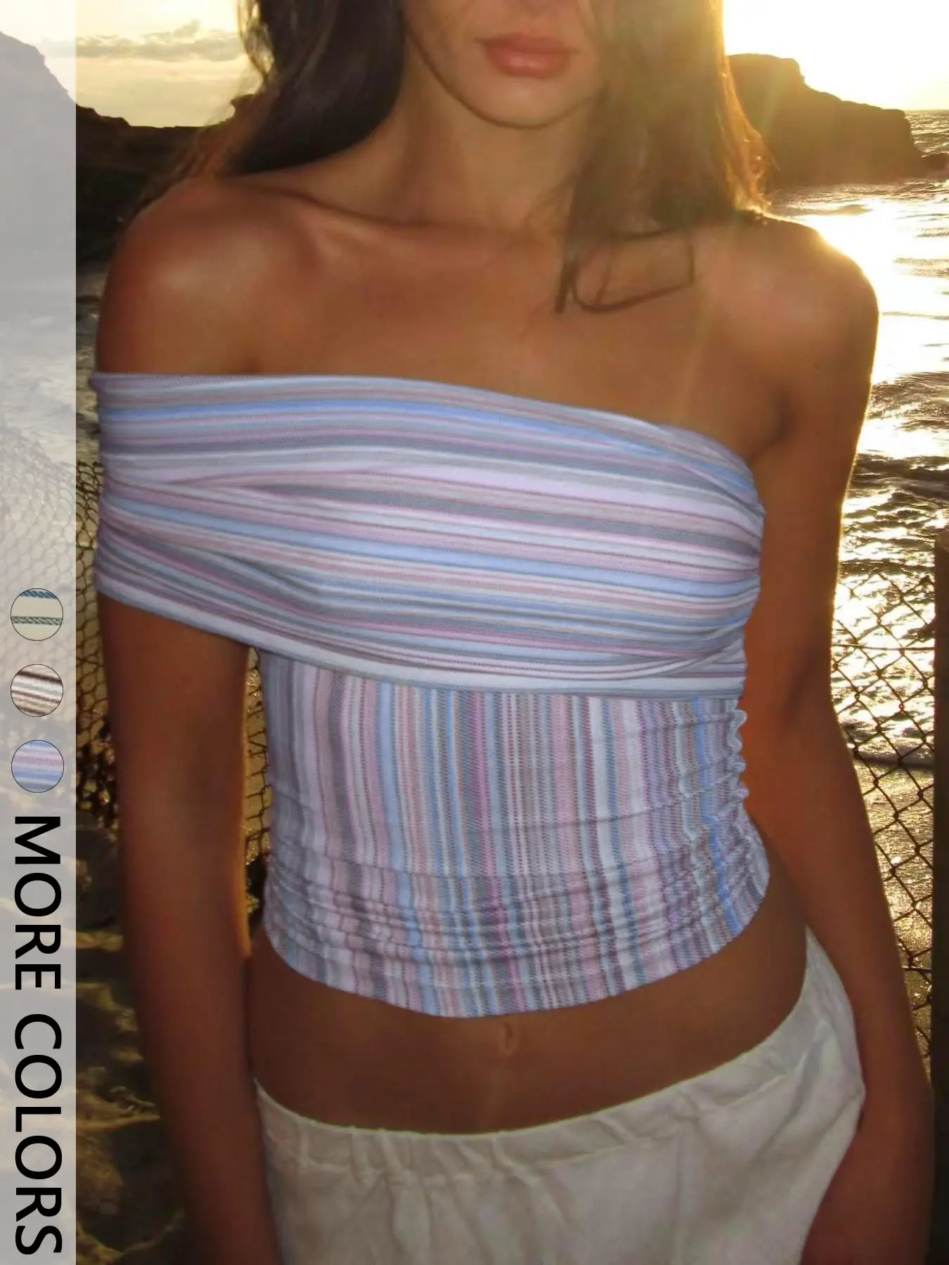 1 Piece Off Shoulder Tube Top Horizontal Striped Cross Ruched Waist Straight Hem Cropped Fitted Casual Fashion Sleeveless Tube Cami
