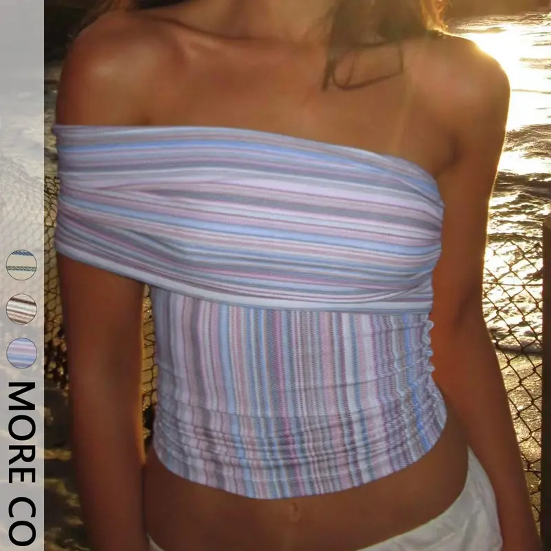 Women's Off Shoulder Striped Tube Crop Top, Slim Fit Y2K Ruched Wrap Front Tube Top, Trendy Cold Shoulder Blouse, Perfect for Beach, Party & Daily Casual Outfits