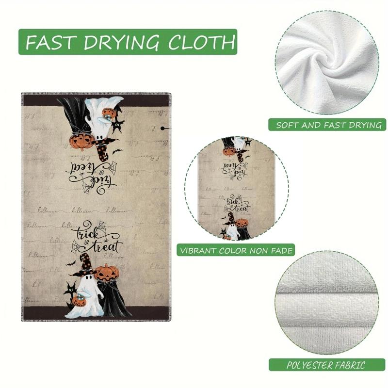 Halloween Kitchen Towels/Dish Towels (Set of 2, 16 x 24 inches) - Featuring vintage pumpkin, ghost, and black cat patterns; suitable for cooking, baking, and cleaning, or as "Trick-or-Treat" themed hand towels or tea towels.